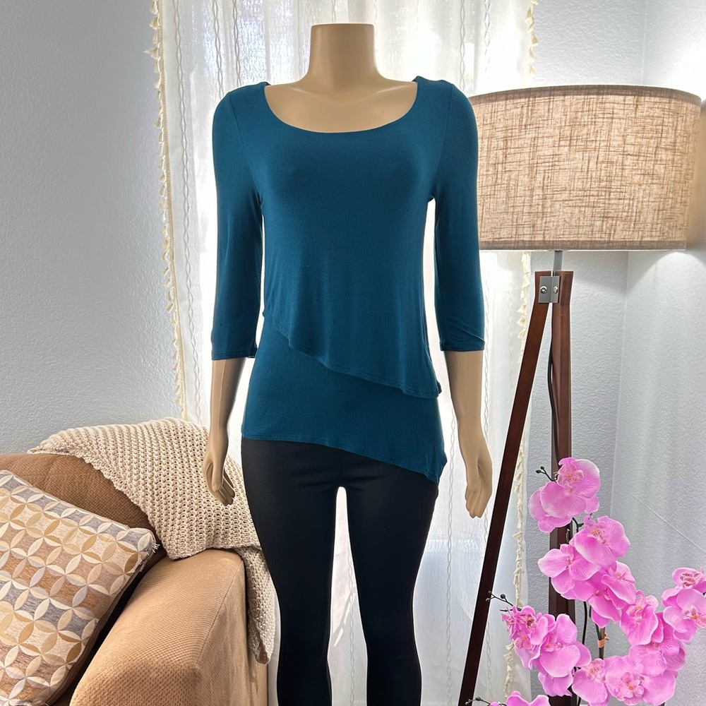NYTT Women Blue 3/4 Sleeve Asymmetrical Layered Top Size XS